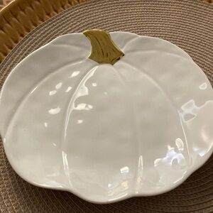 2 Piece Ceramic: Gold & White  Pumpkin Plate and Gold & White Pumpkin Bowl 🎃Set